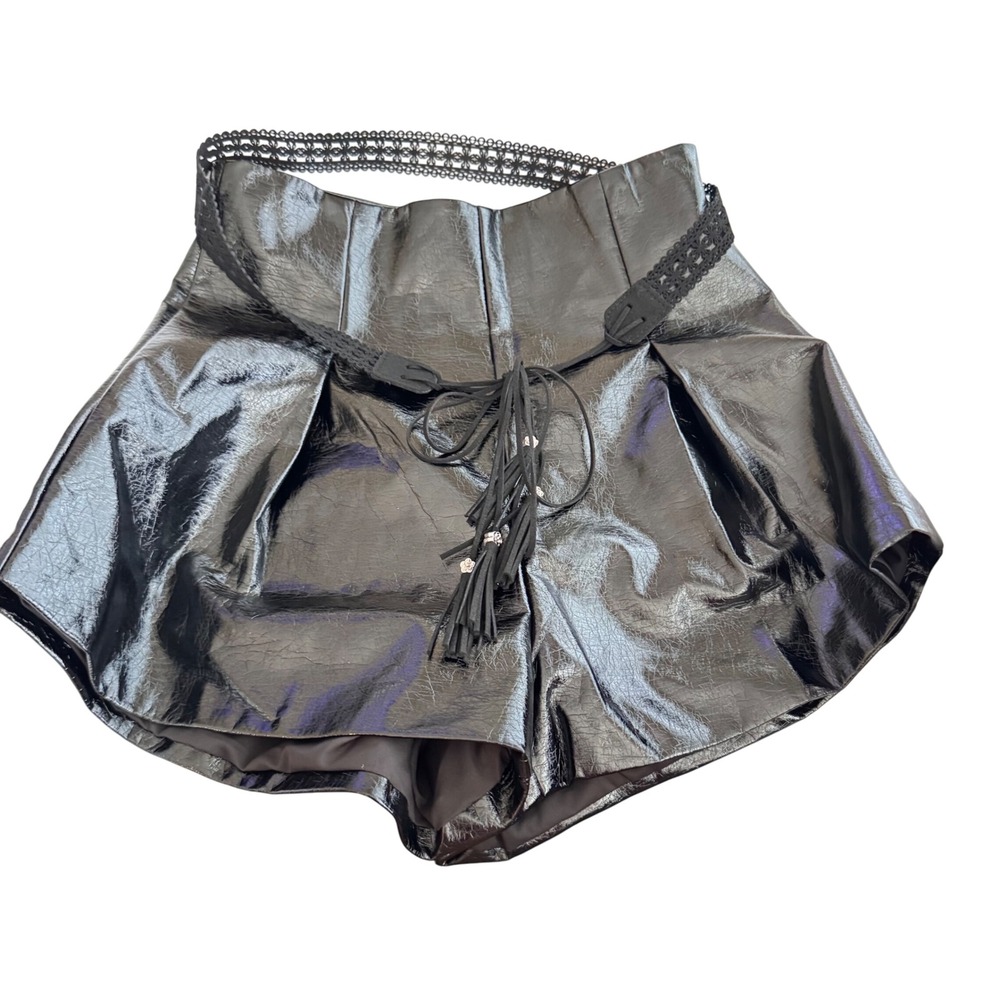 MOTF Faux‎ Leather Shorts Pleated High Waist Black Belted Size S 25" waist EUC